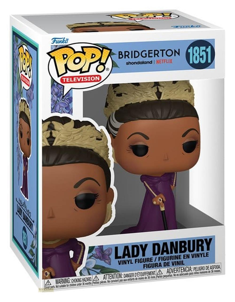 Figura Funko Pop de Lady Danbury de Bridgerton con vestido morado y bastón.