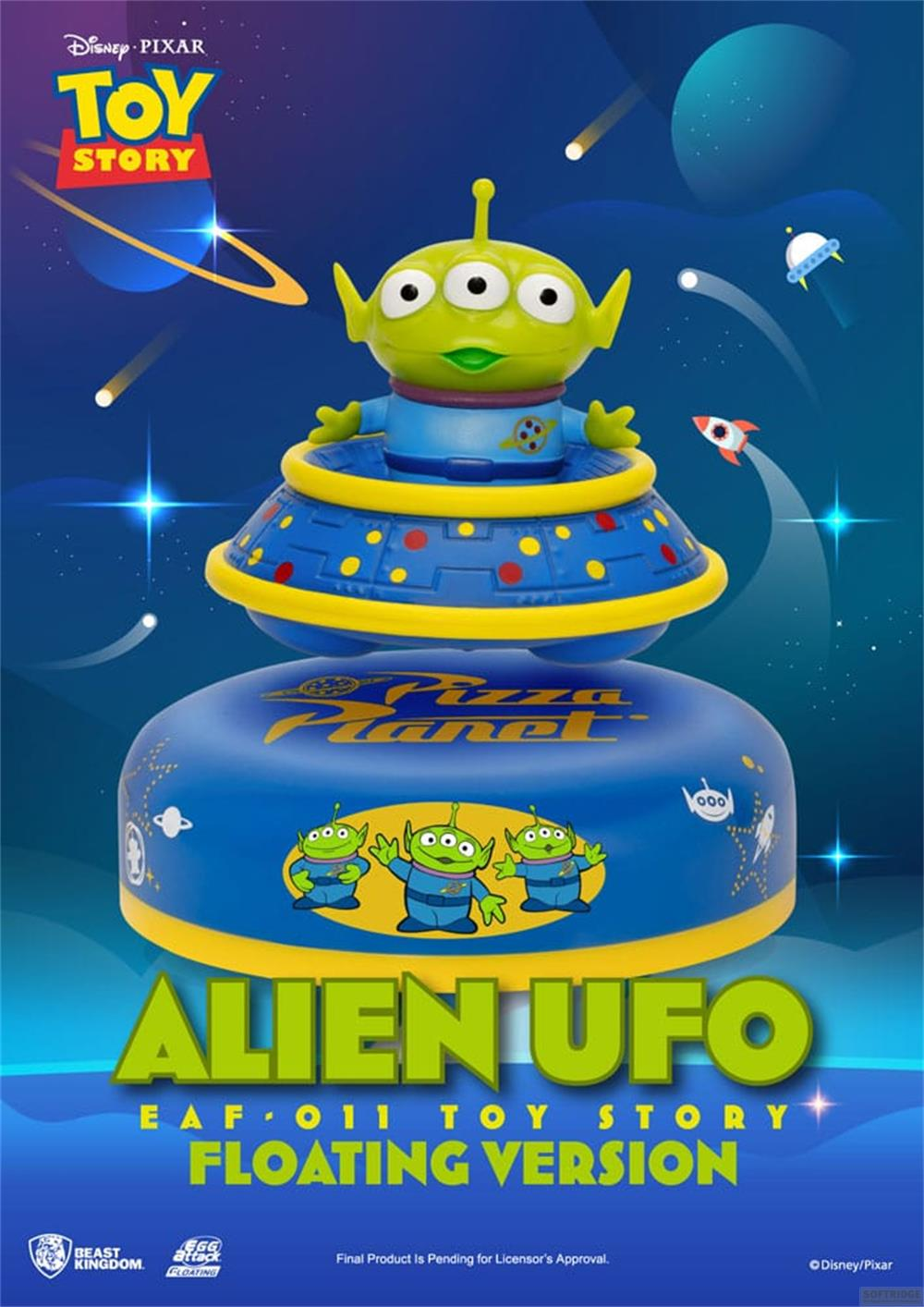 Ein grüner Alien-UFO-Spielzeugständer mit 'Pizza Planet'-Logo und Alien-Figuren.