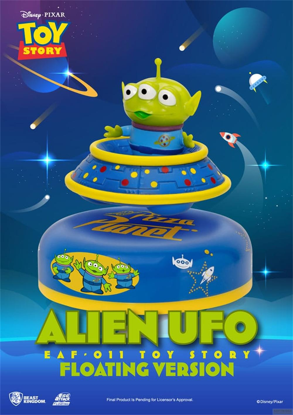 Toy Story Alien auf einer UFO-Basis mit Pizza Planet-Logo. Weltraumhintergrund.