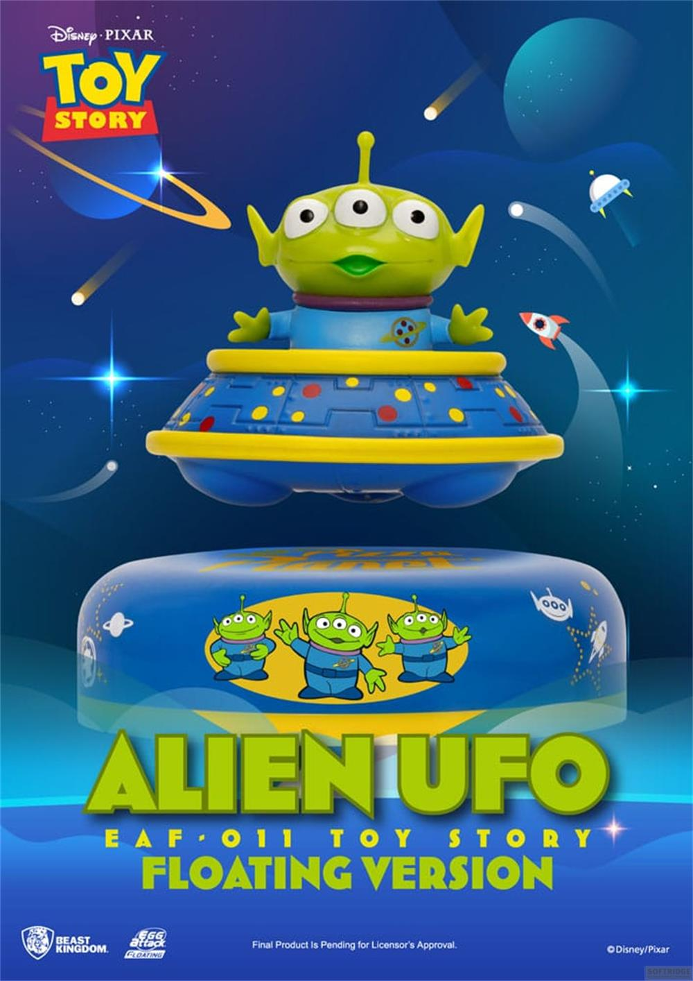 Ein grüner Alien-Toy-Story-Charakter auf einem blauen UFO vor Weltraumhintergrund.