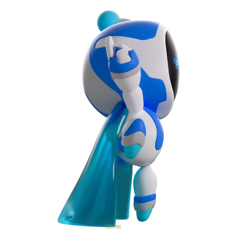Un robot azul y blanco con capa azul translúcida levanta un dedo.