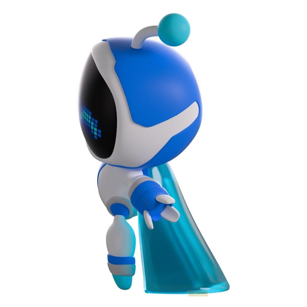 Un robot azul y blanco con antena de esfera azul, de pie de lado.