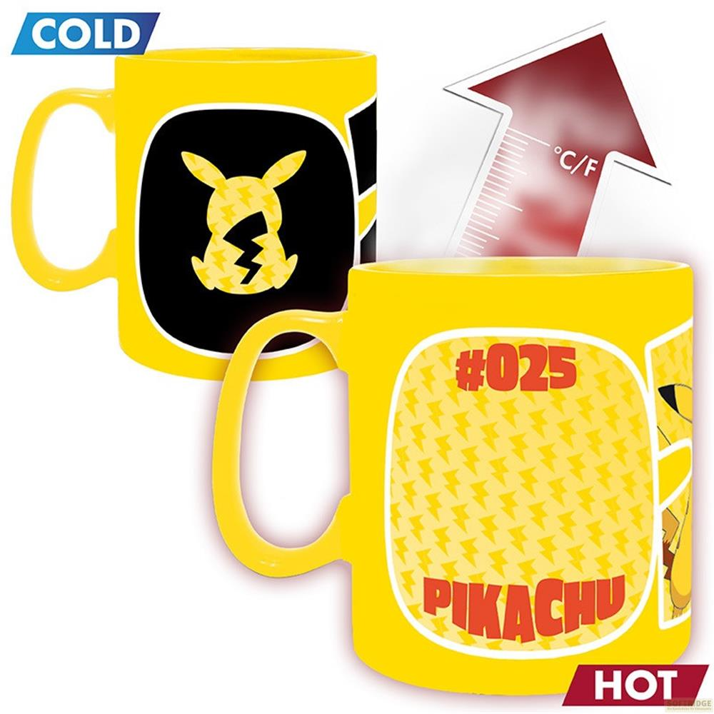 Gelber Pikachu-Becher mit heiß/kalt-Anzeige. Zeigt Pikachu und Blitzsymbole.