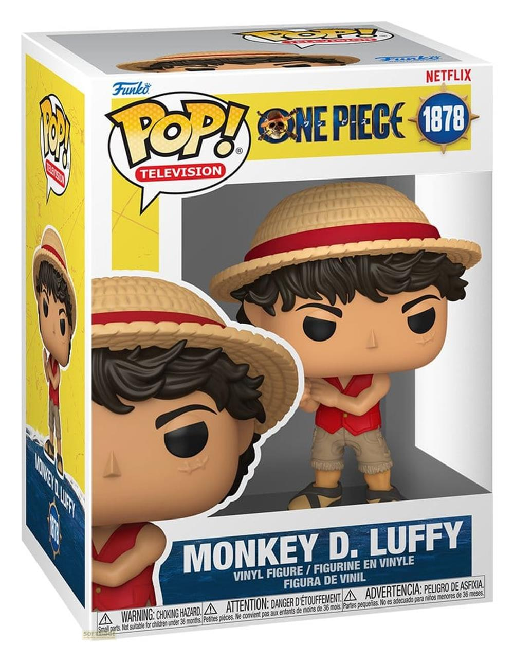 Funko Pop! Vinyl Figur von Monkey D. Luffy aus One Piece im Karton mit zwei Darstellungen.