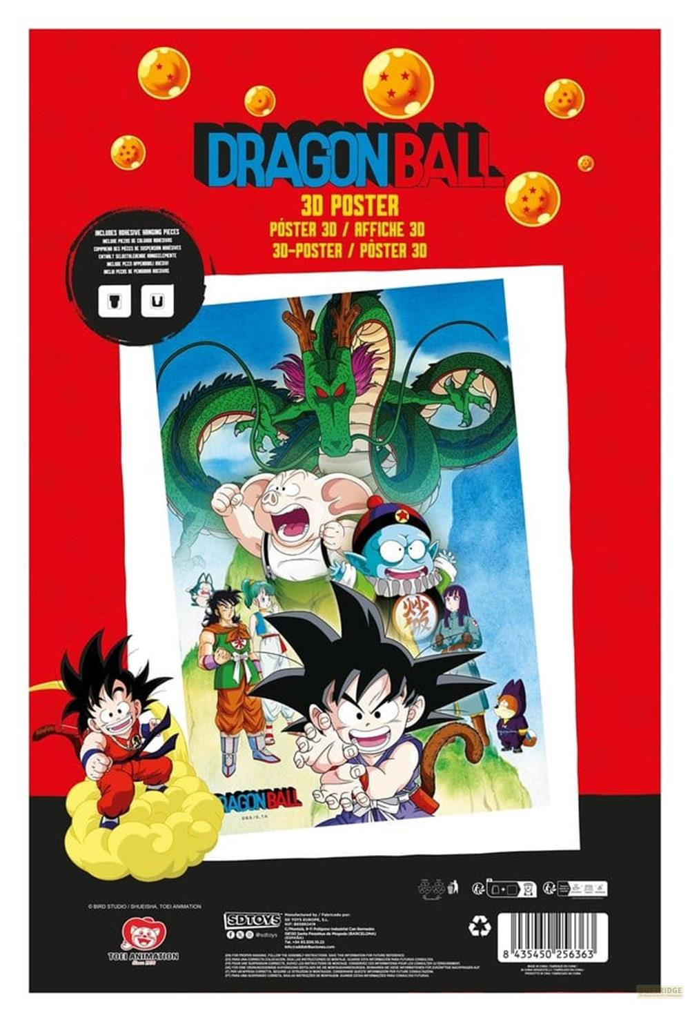 Dragon Ball Poster mit Charakteren und Shenron auf rotem Hintergrund mit Sternenkugeln.