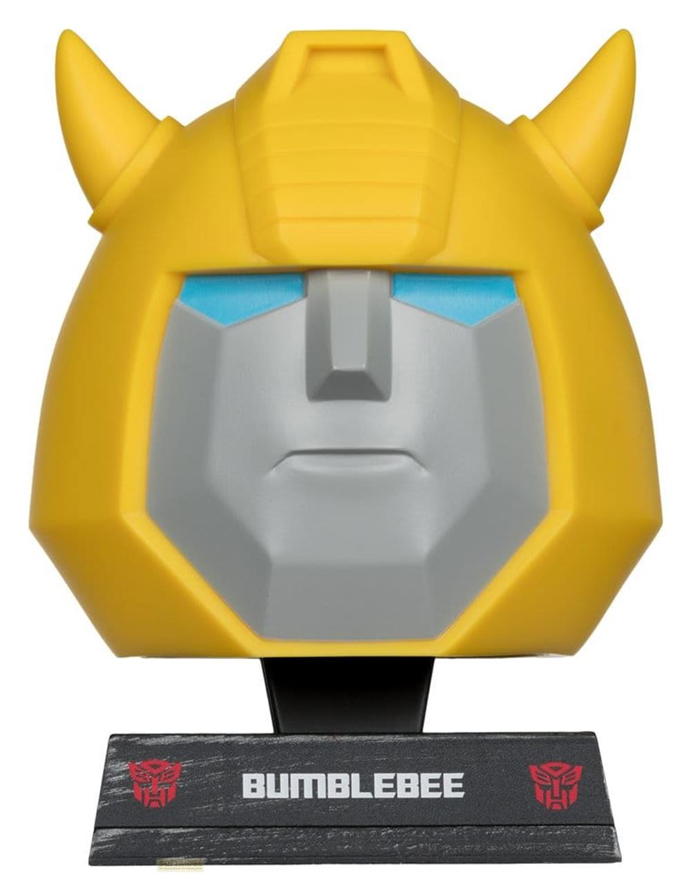 Casco giallo di Bumblebee con elementi facciali grigi e blu su base nera.