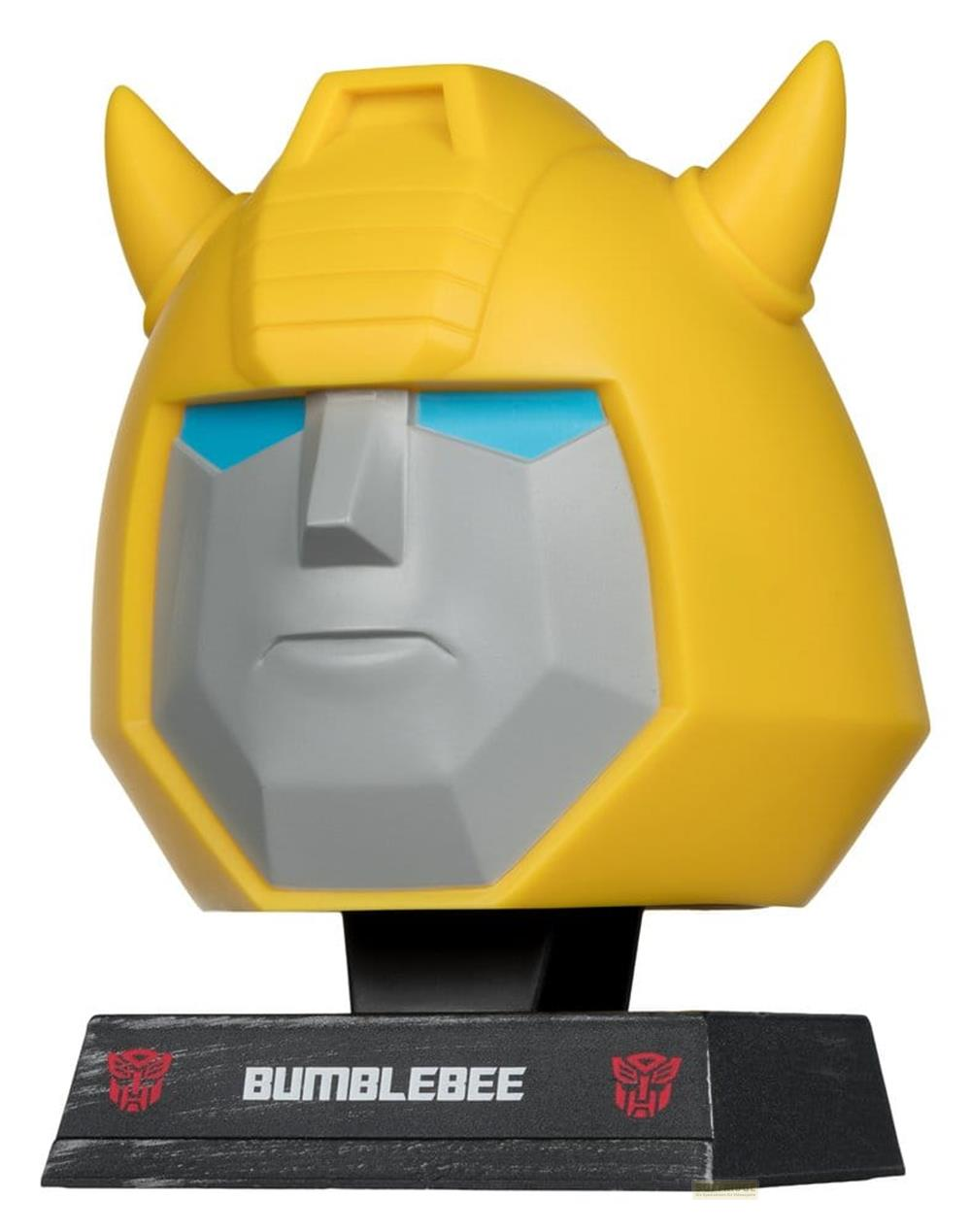 Casco giallo di Bumblebee con occhi blu e viso grigio su base nera.