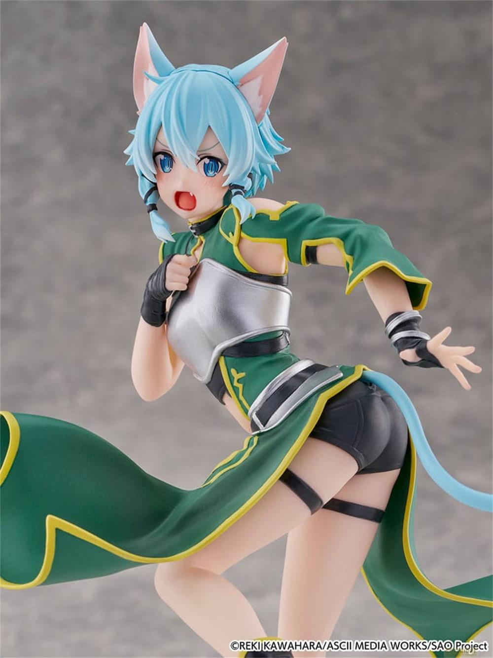 Eine Anime-Figur mit blauen Haaren, Katzenohren und einem grünen Outfit.