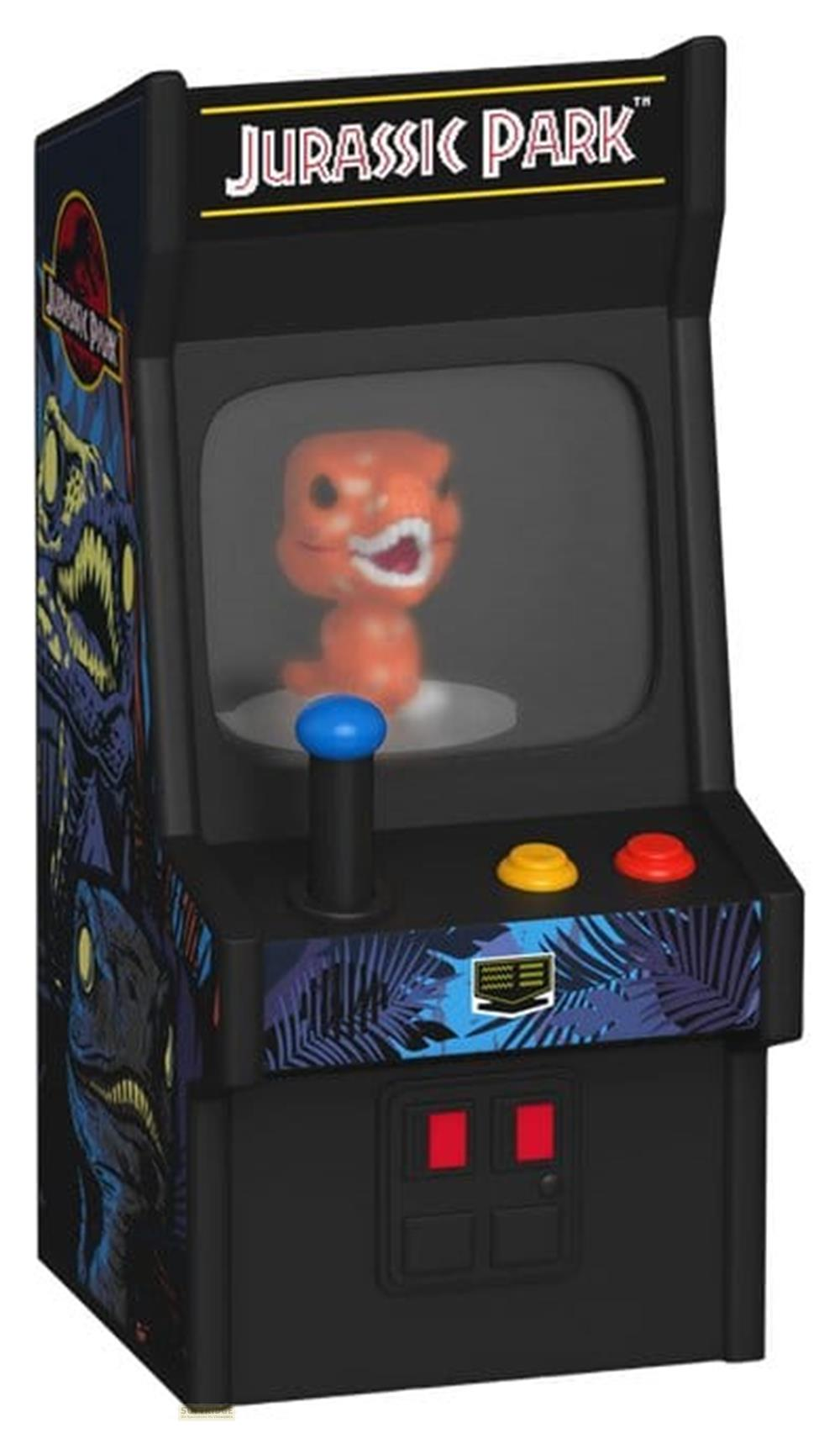Mini máquina arcade temática de Jurassic Park con figura naranja.