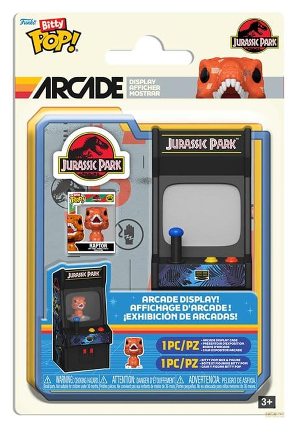 Exhibición Arcade Bitty Pop de Jurassic Park con figuras de raptor y mini máquina arcade.