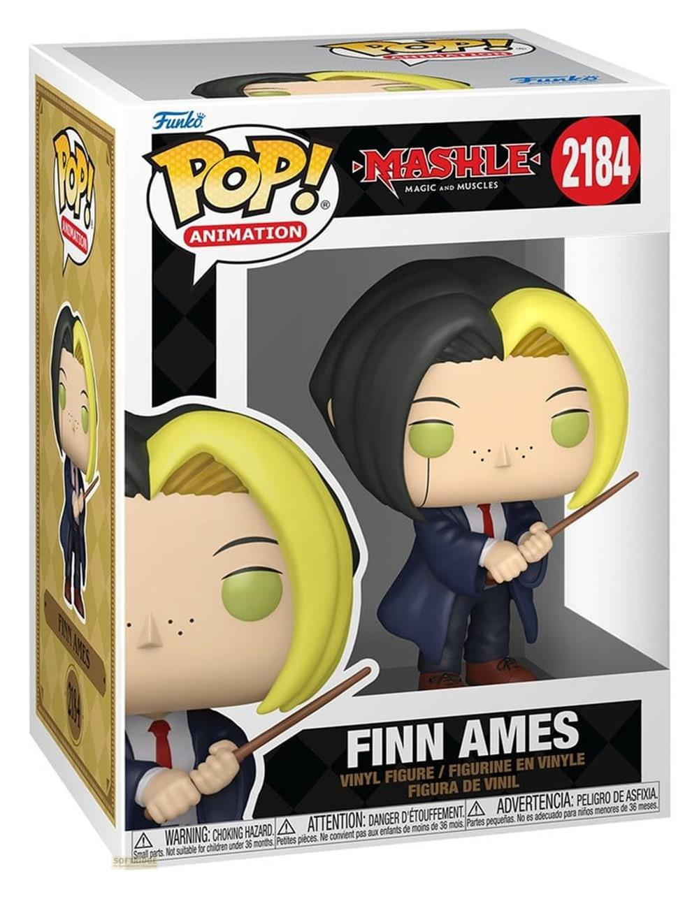 Figura Funko Pop! de Finn Ames de Mashle, con pelo partido, traje azul y corbata roja.