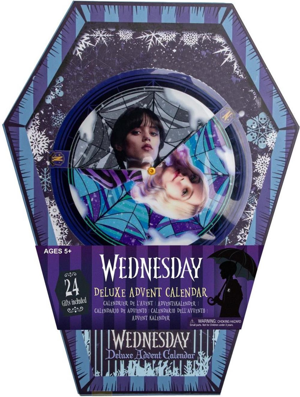 Mittwoch Deluxe Adventskalender mit Abbildungen von Wednesday und Enid.