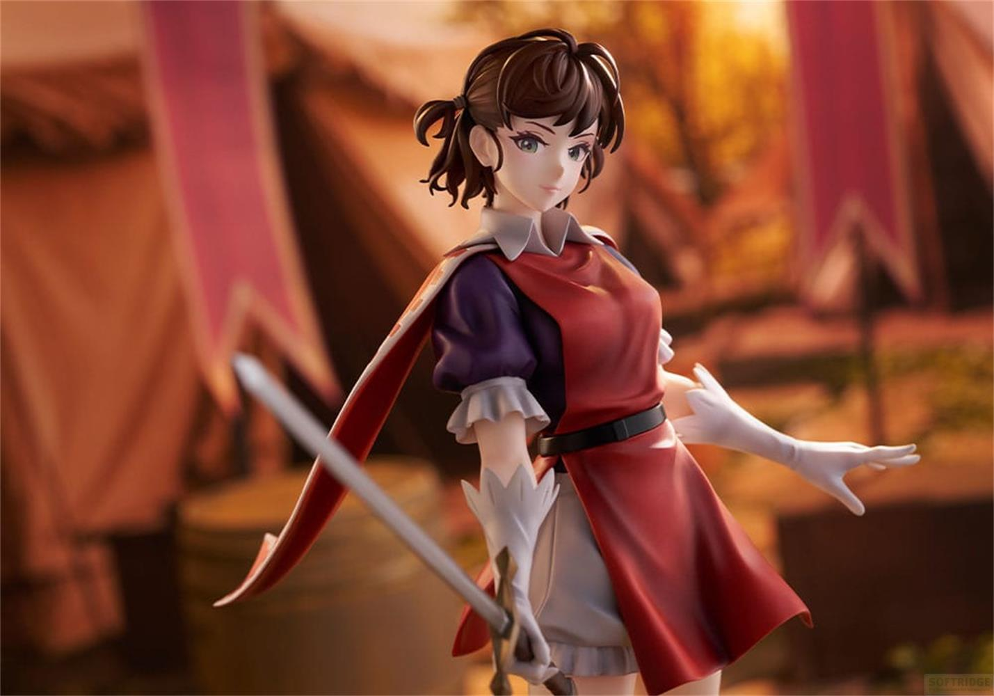 Eine weibliche Anime-Figur im roten Kleid mit lila Ärmeln hält ein Schwert.