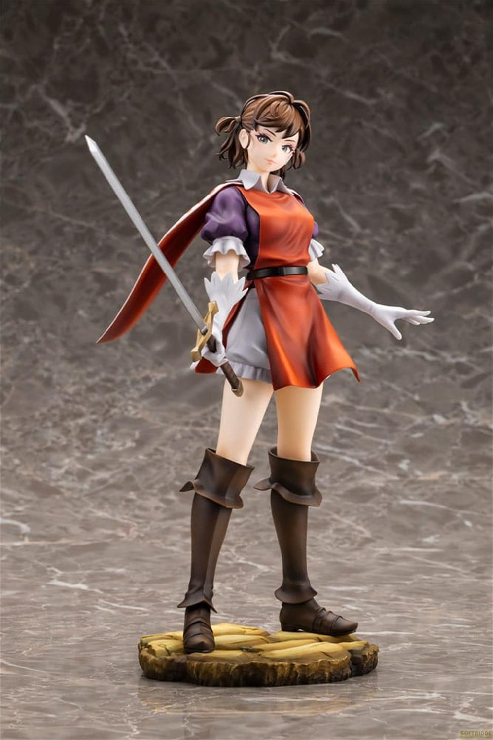 Eine Figur mit braunem Haar und Schwert, trägt ein rotes Kleid und braune Stiefel.
