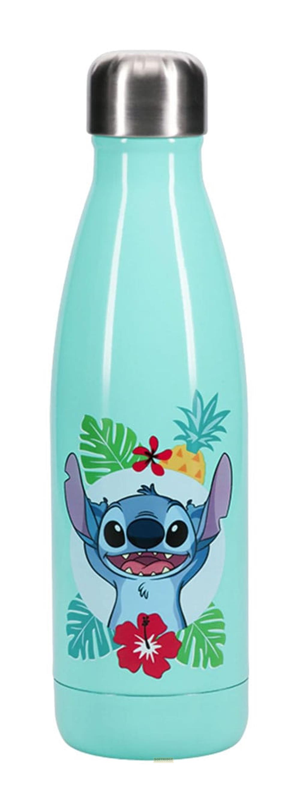 Türkisfarbene Flasche mit Stitch und tropischen Blättern.