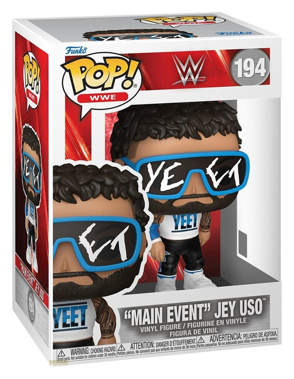 Funko Pop WWE Vinyl Figur "Main Event" Jey Uso mit Sonnenbrille und "YEET" Schriftzug.