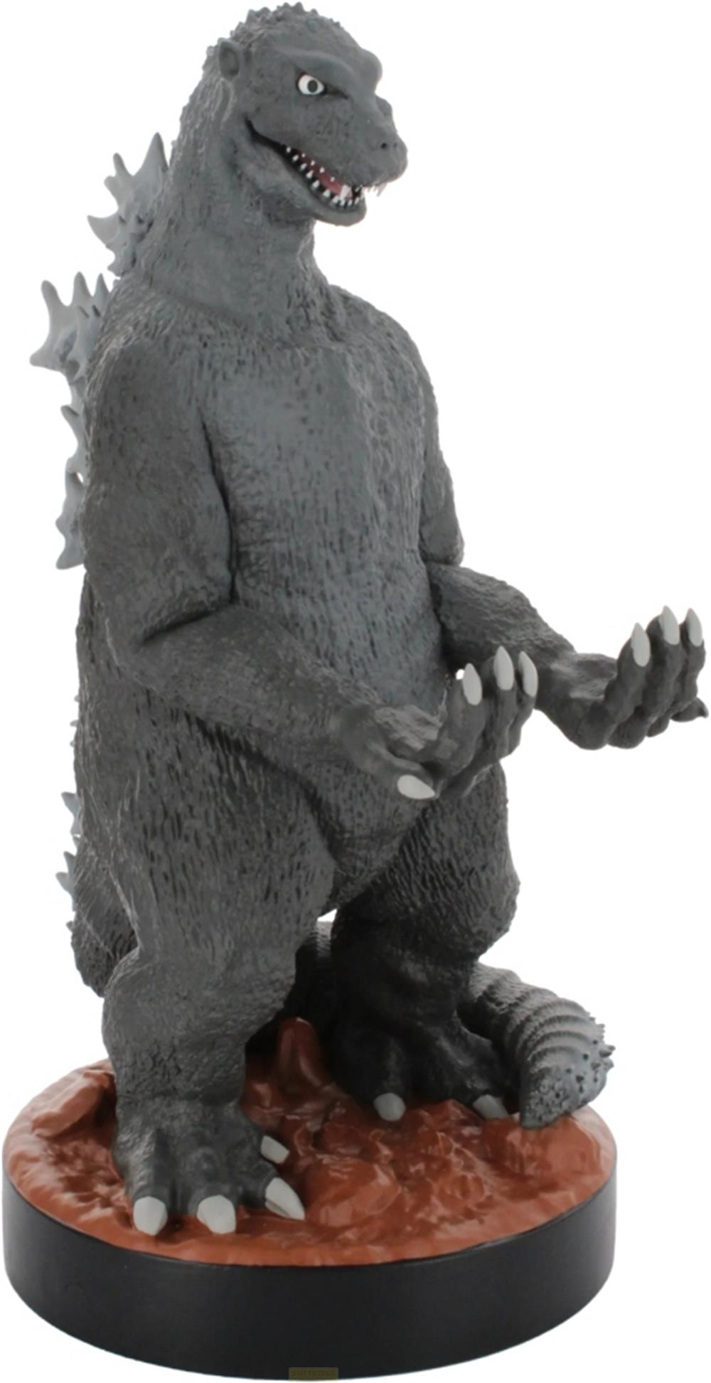 Graue Godzilla-Figur auf braunem Sockel mit weißen Krallen und detailliertem Gesicht.