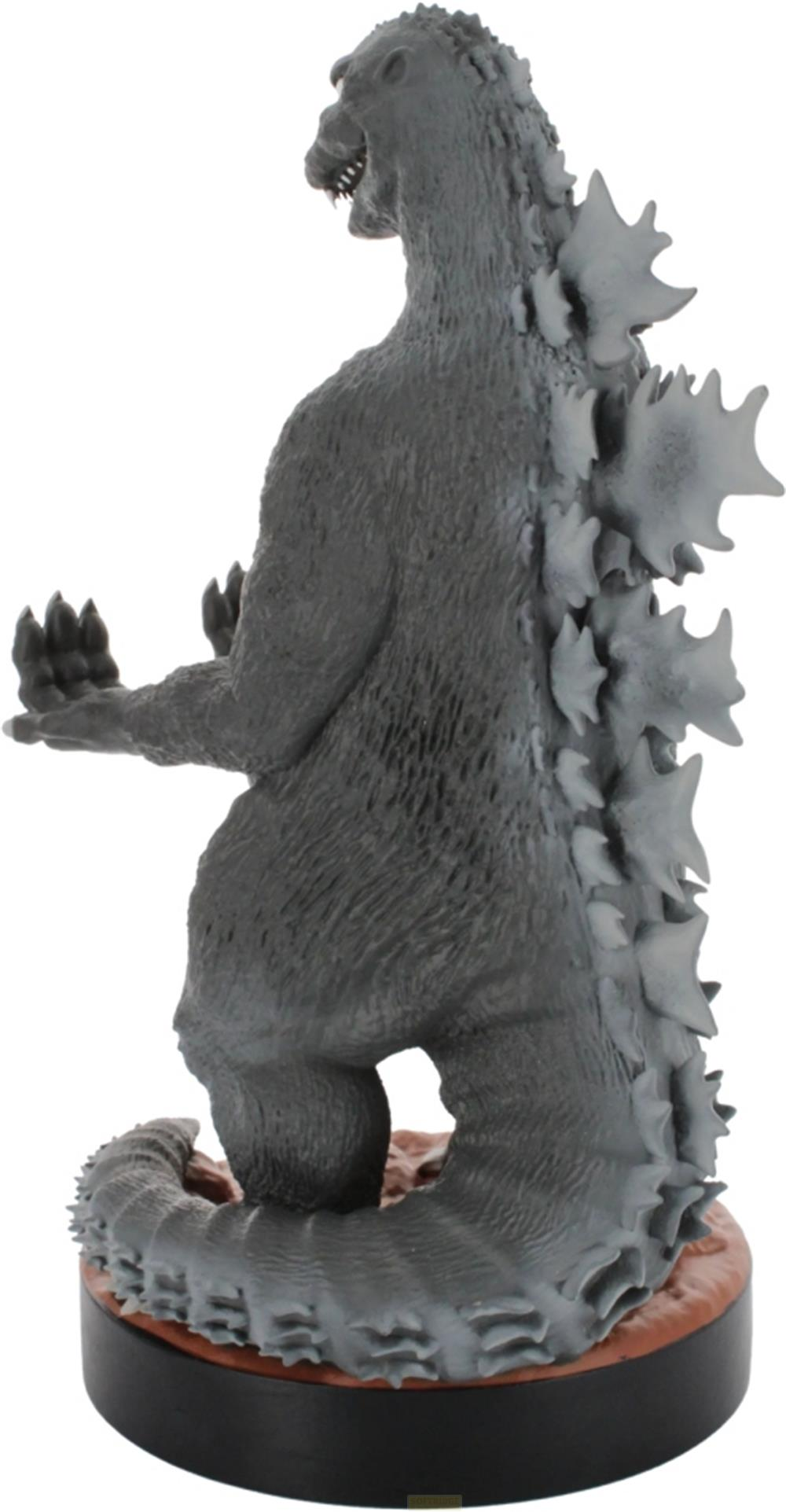 Graue Godzilla-Figur auf einer braunen Basis mit detaillierten Rückenplatten und Schwanz.