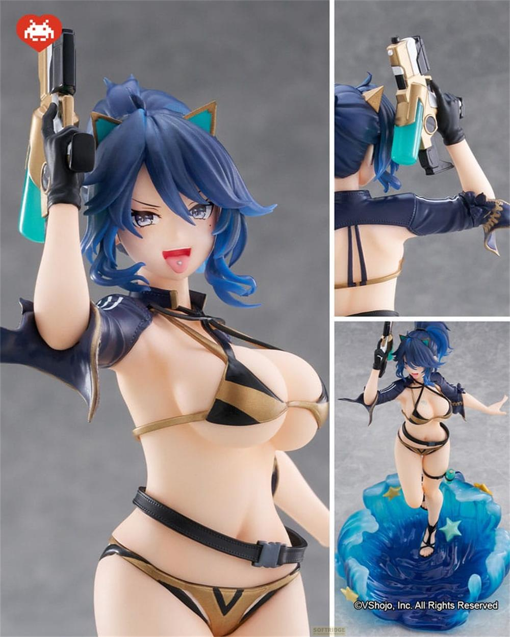 Anime-Figur in Bikini mit blauer Frisur und Katzenohren, hält eine Waffe.