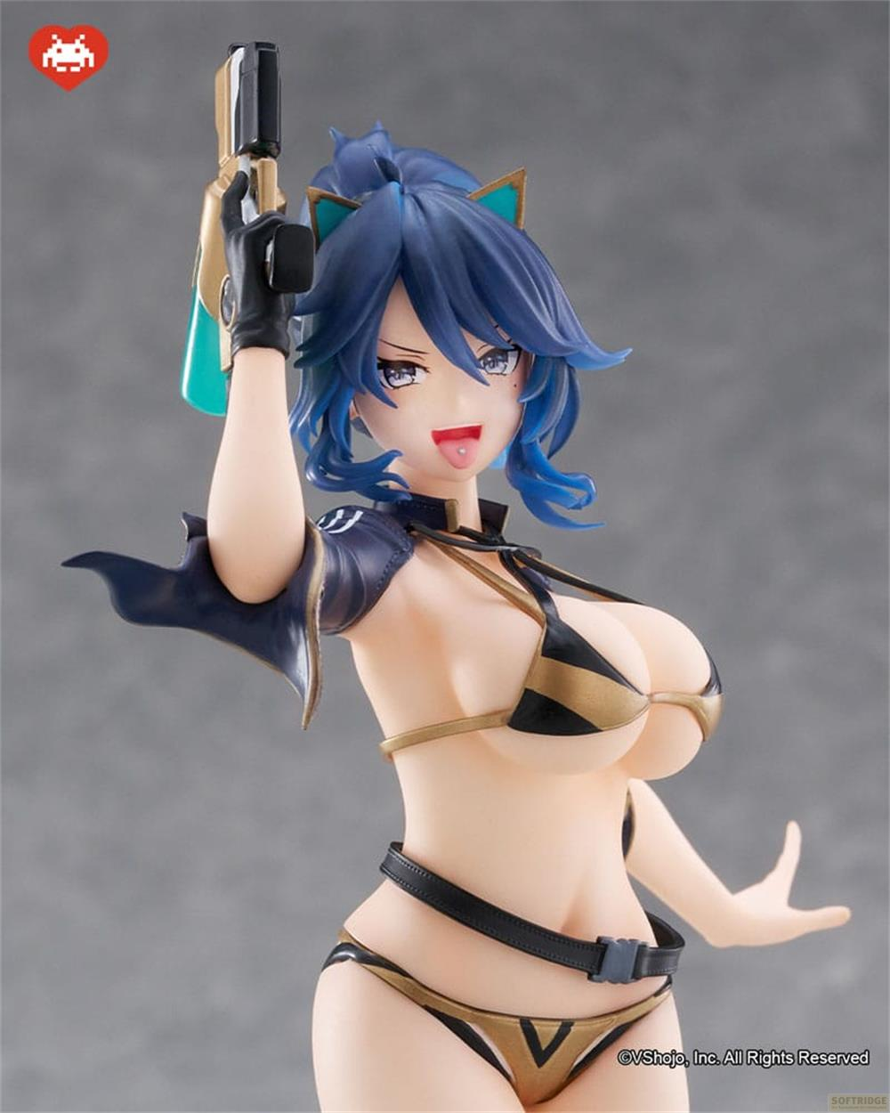Eine Anime-Figur mit blauen Haaren und Katzenohren hält eine Waffe.