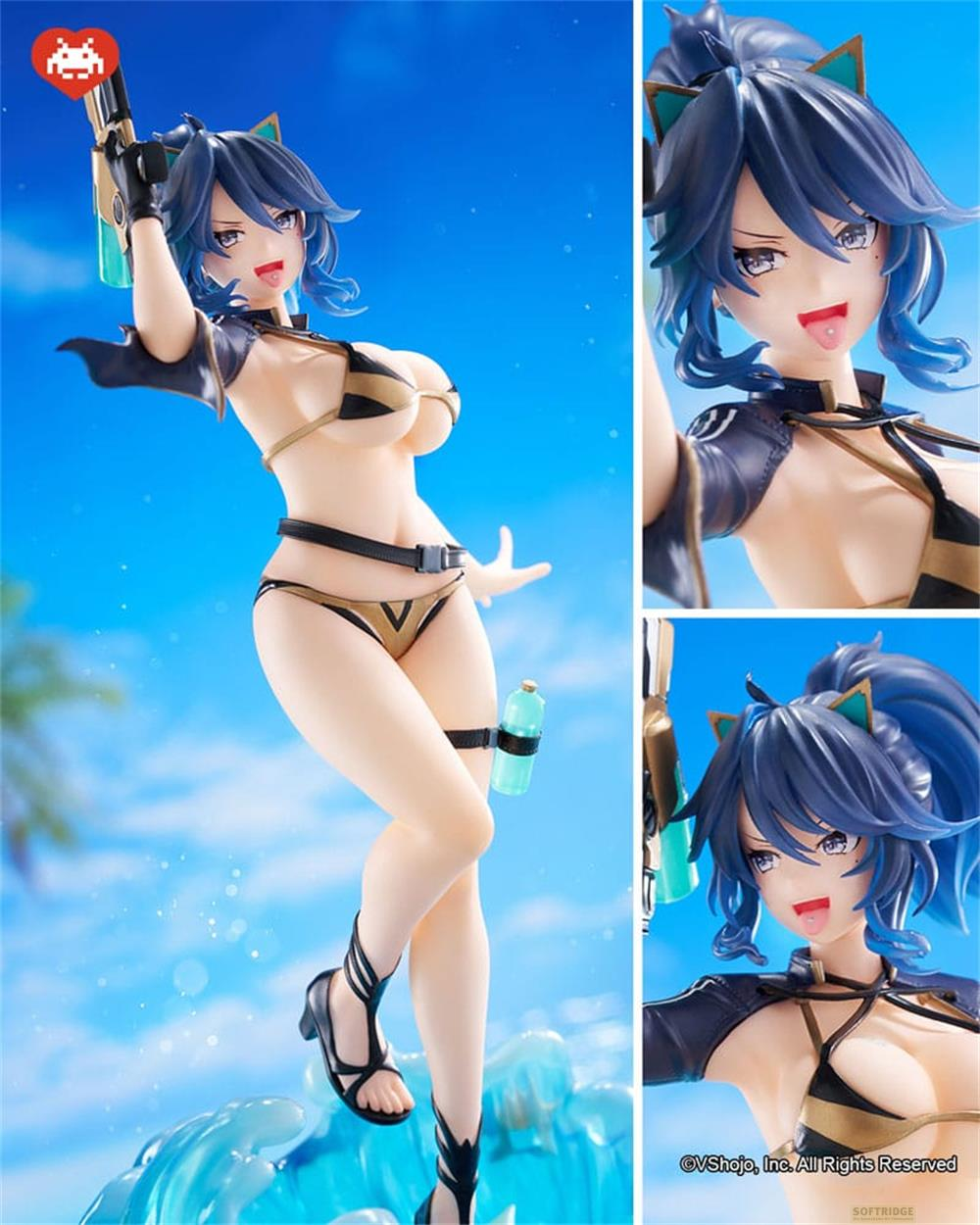 Anime-Figur in Bikini mit Waffe, vor blauem Himmel und Wellen.