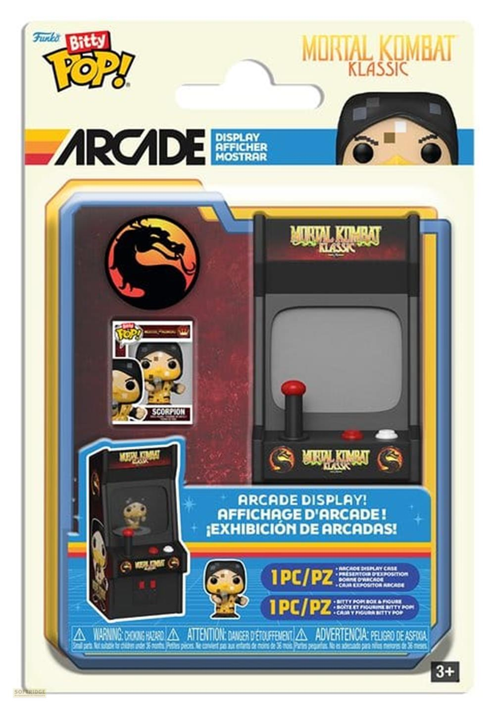 Pantalla recreativa Mortal Kombat Bitty Pop! con figura de Scorpion y máquina recreativa.