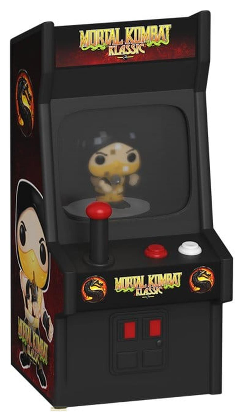 Máquina arcade Mortal Kombat Klassik con figura Pop, joystick rojo y botones.