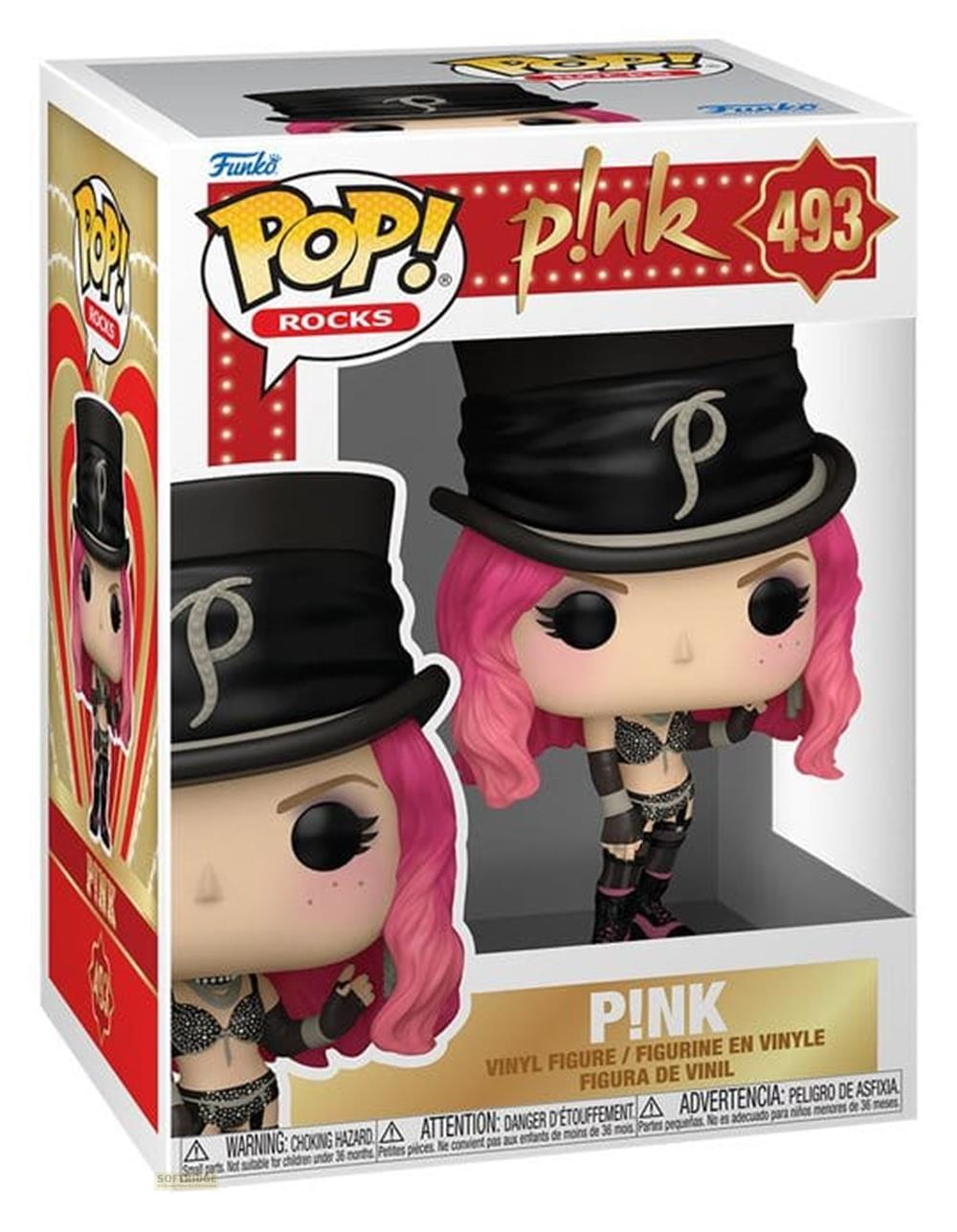 Figura de vinilo Funko Pop! de Pink con sombrero de copa y pelo rosa, en su caja.