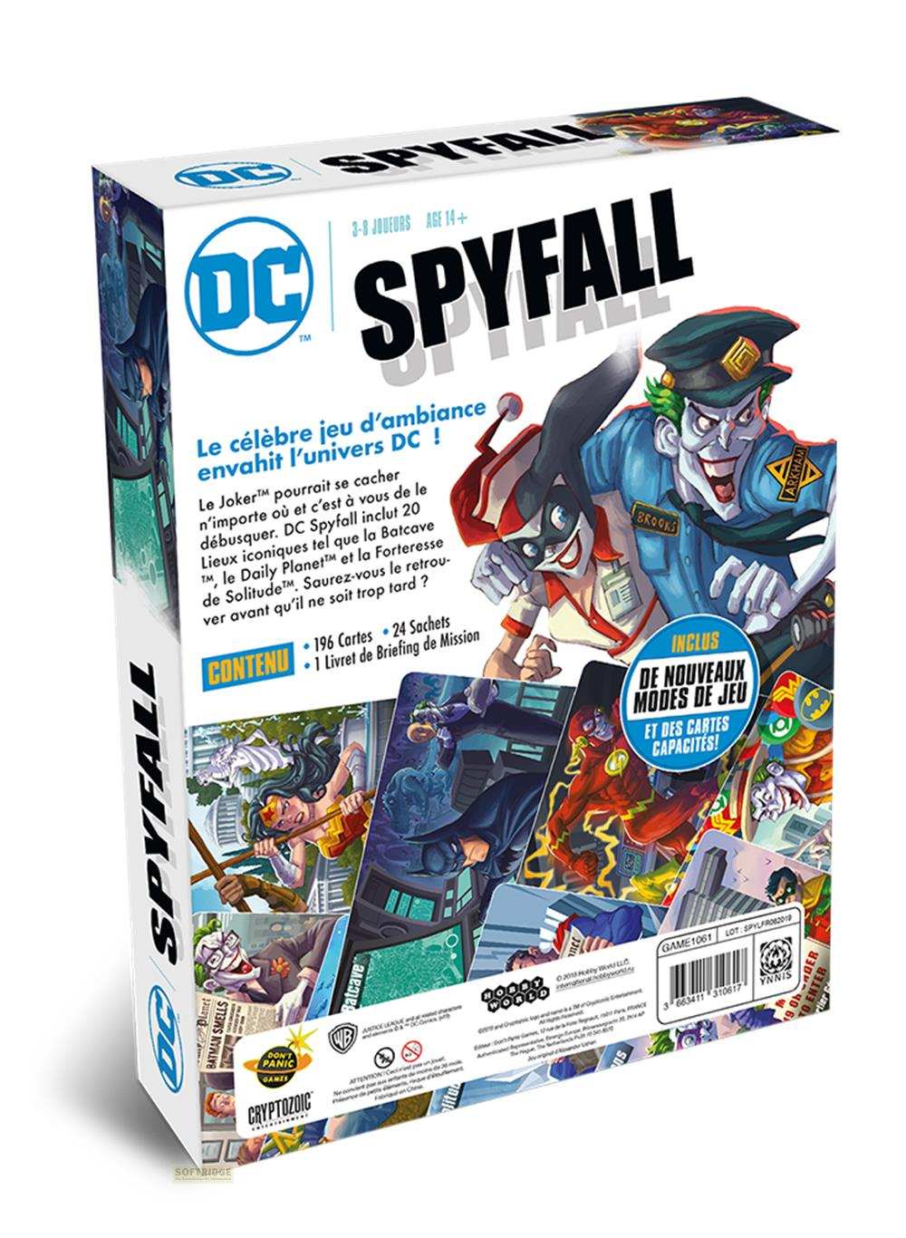 DC Spyfall Spielbox mit Joker, Harley Quinn, Batman, Wonder Woman & Flash.