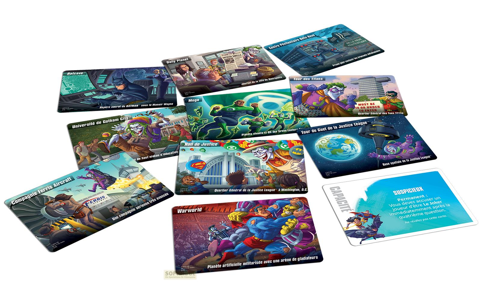 Diverse Spielkarten mit DC Comics Superhelden und Schurken, die verschiedene Orte darstellen.