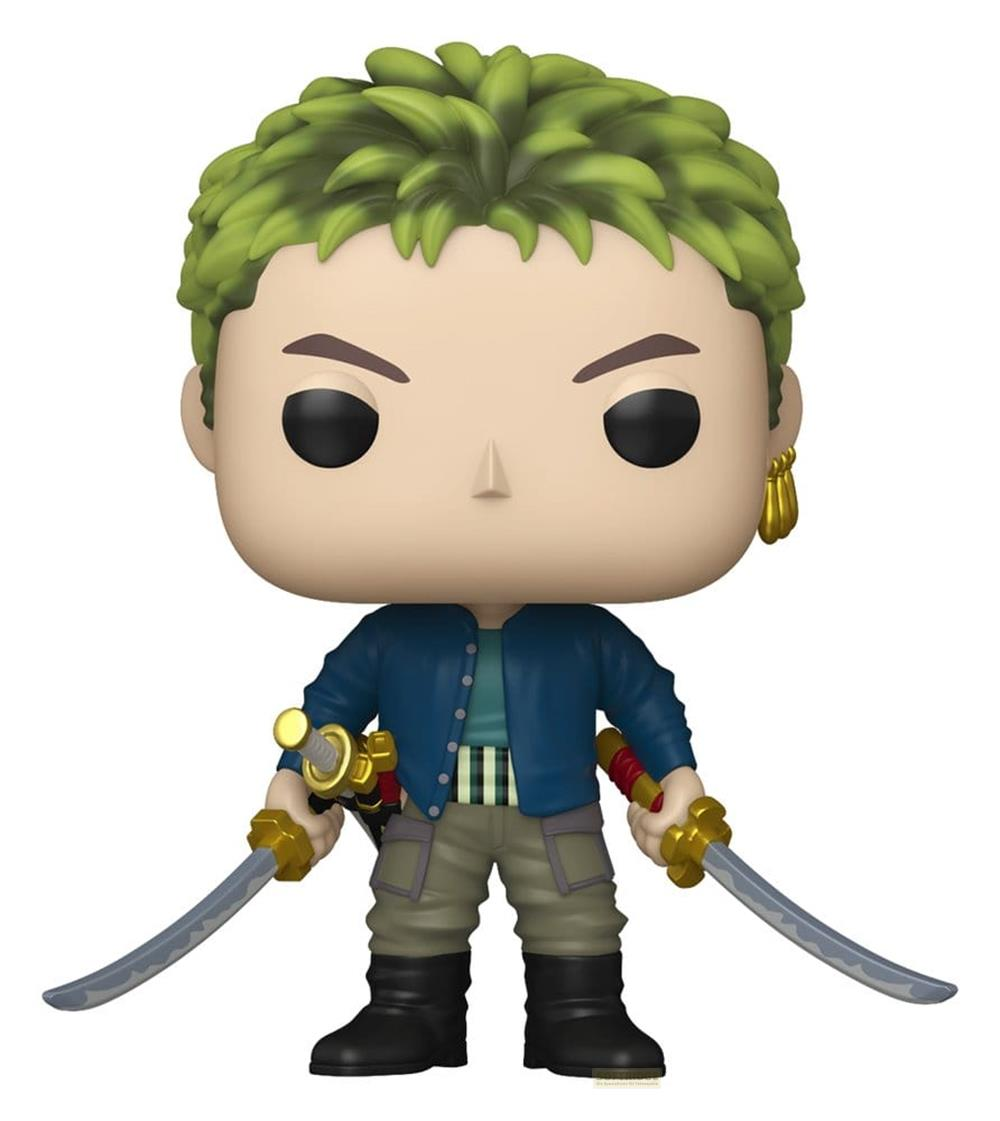 Ein Funko Pop! von Roronoa Zoro mit grünen Haaren, blauer Jacke und drei Schwertern.