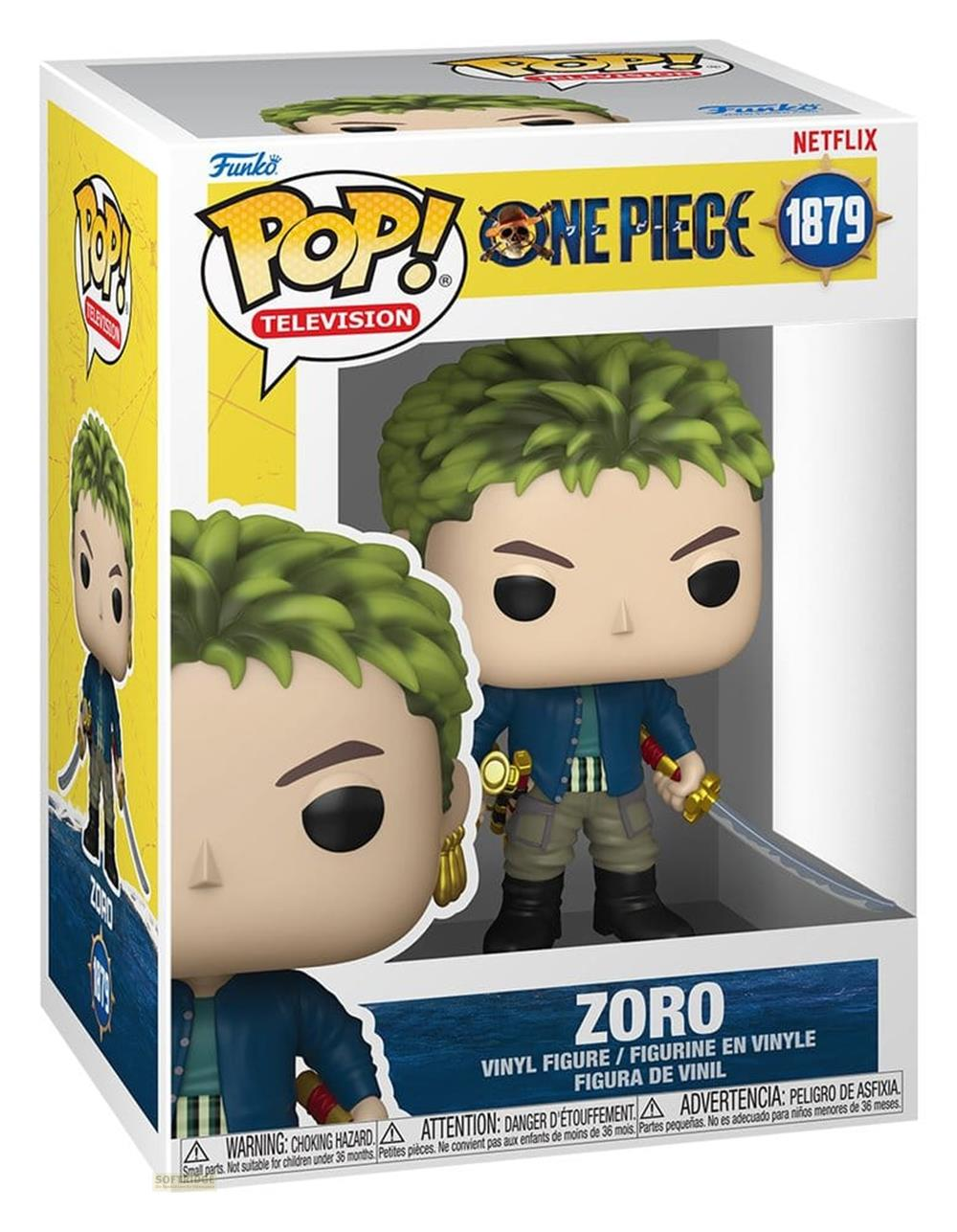 Funko Pop! Vinyl Figur von Zoro aus One Piece, mit grünem Haar und Schwert.