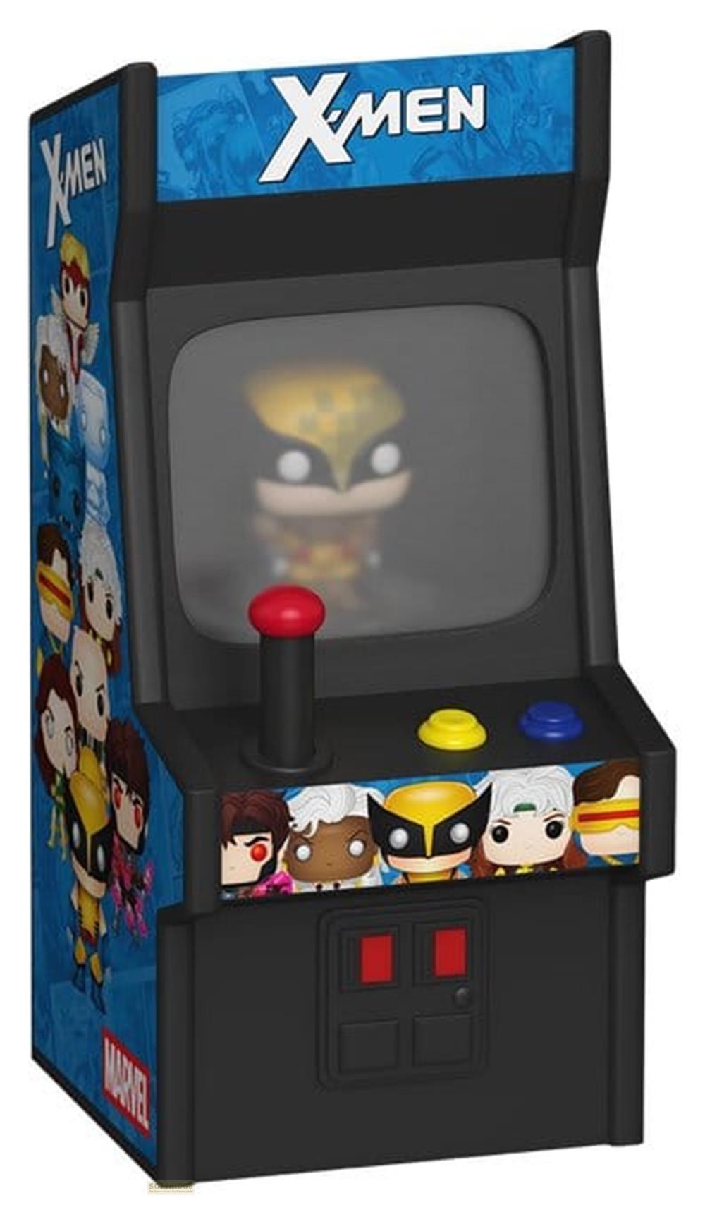 Ein X-Men-Arcade-Automat mit Wolverine auf dem Bildschirm und Charakteren an der Seite.