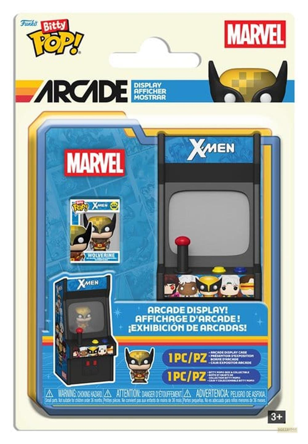 Marvel X-Men Arcade Display mit Funko Pop Wolverine Figuren und Spielautomaten-Design.