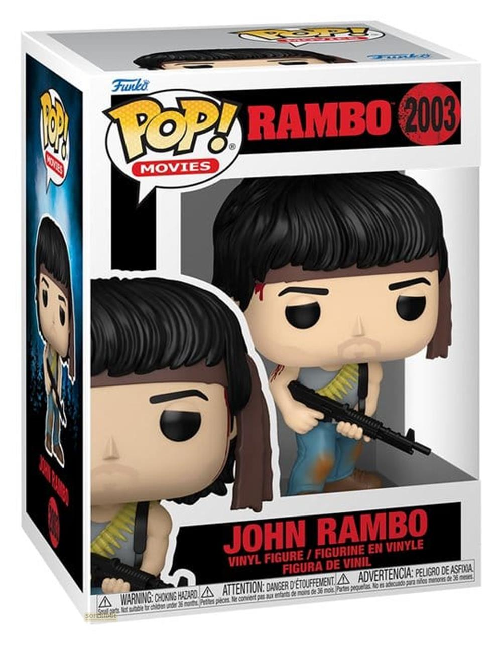 Funko Pop John Rambo Vinylfigur im Karton mit zwei Rambo-Figuren.