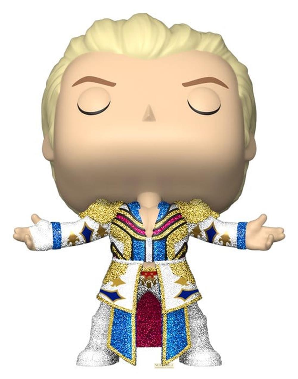 Funko Pop-Figur mit blondem Haar, in glitzernder Kleidung mit blauen und goldenen Verzierungen.