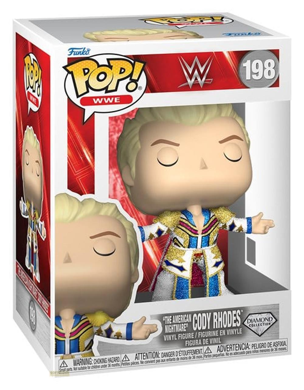 Funko Pop!-Figur von Cody Rhodes in WWE-Verpackung, Nr. 198.