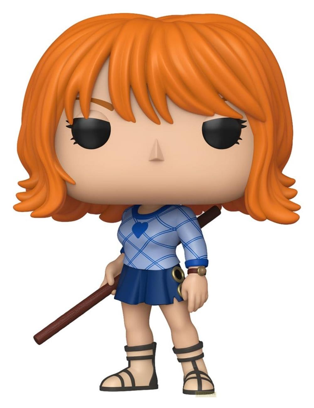 Nami-Figur mit orangefarbenem Haar, blauem Kleid und Stab.