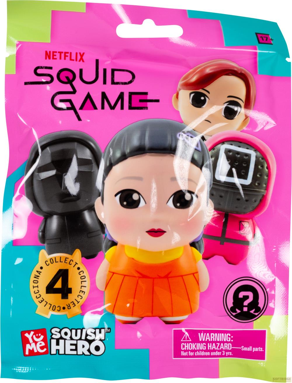 Netflix Squid Game Blindbag mit 4 Figuren: Wachmann, Kreis-Wächter, Mädchen, Soldat.