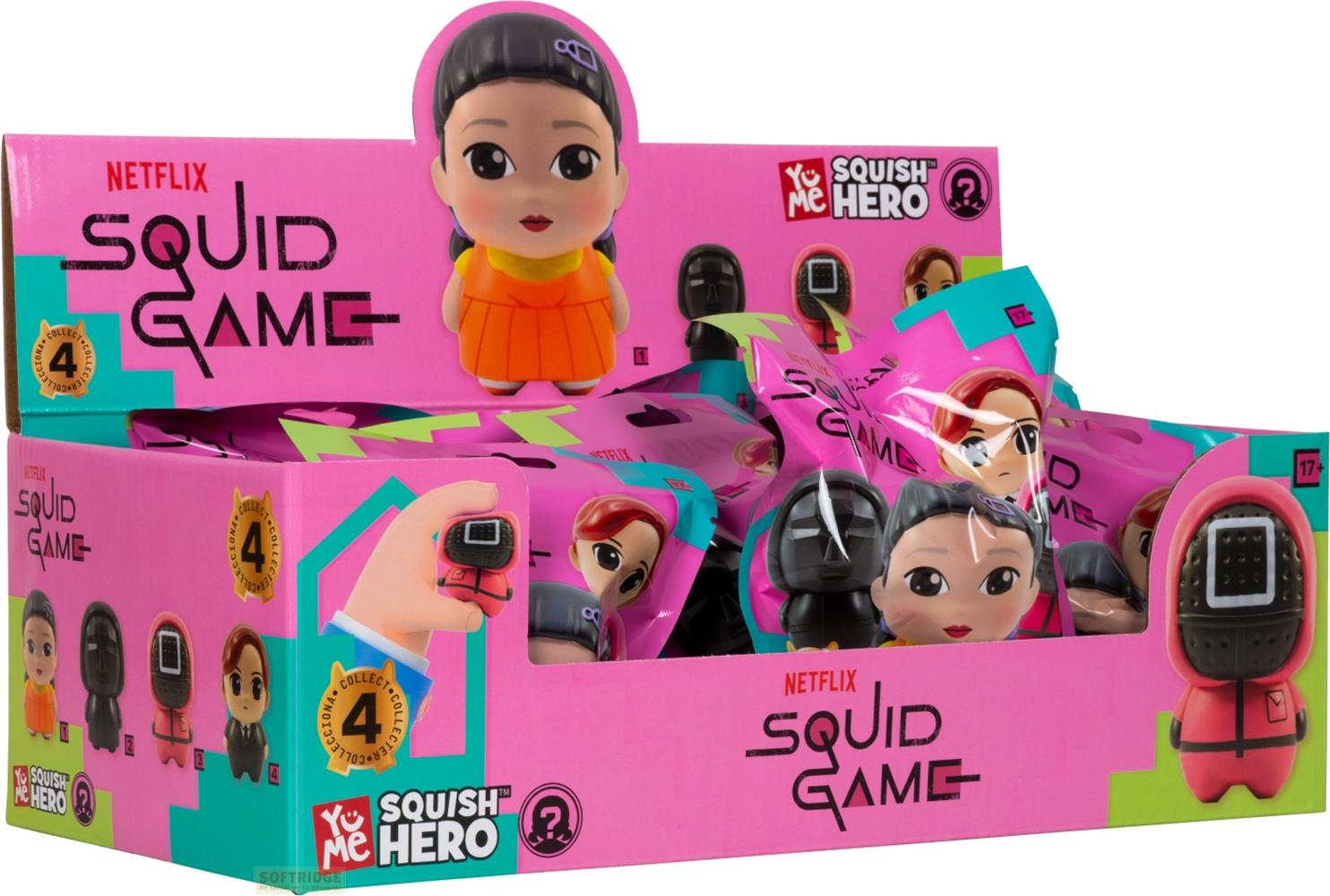 Squid Game Spielzeugbox mit süßen Figuren und Verpackungen.