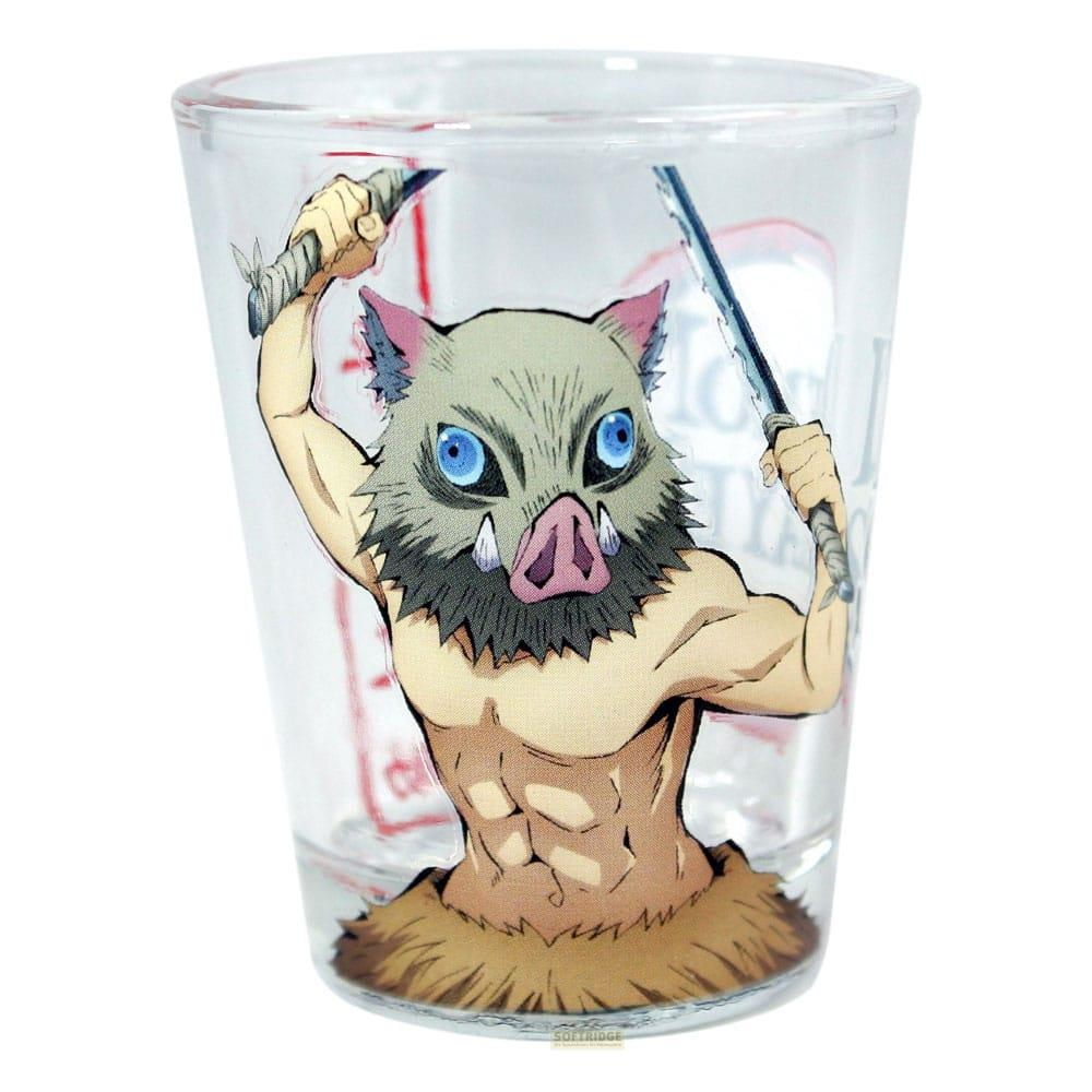 Glas mit Anime-Figur eines Mannes mit Ebermaske und Schwertern.