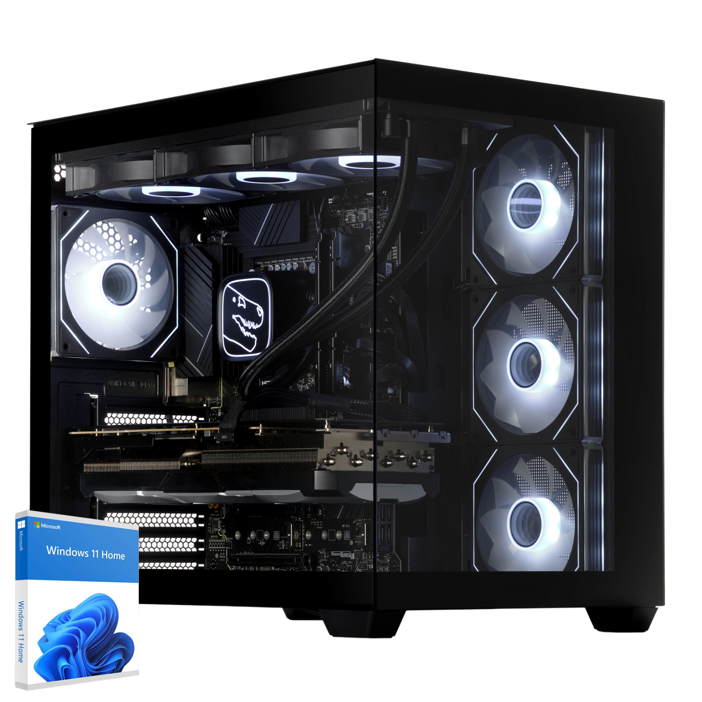 Komputer PC z szklaną obudową, białymi wentylatorami i pudełkiem Windows 11 Home.