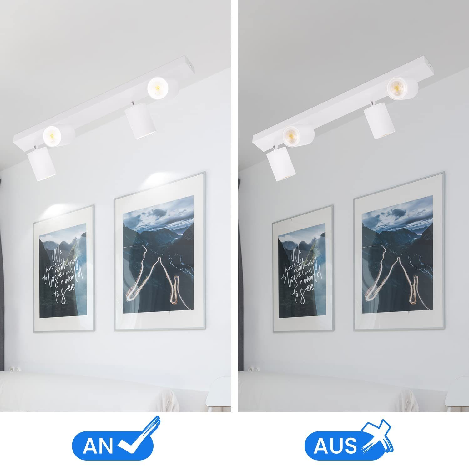 Luz de techo blanca con cuatro focos ajustables sobre dos cuadros enmarcados.