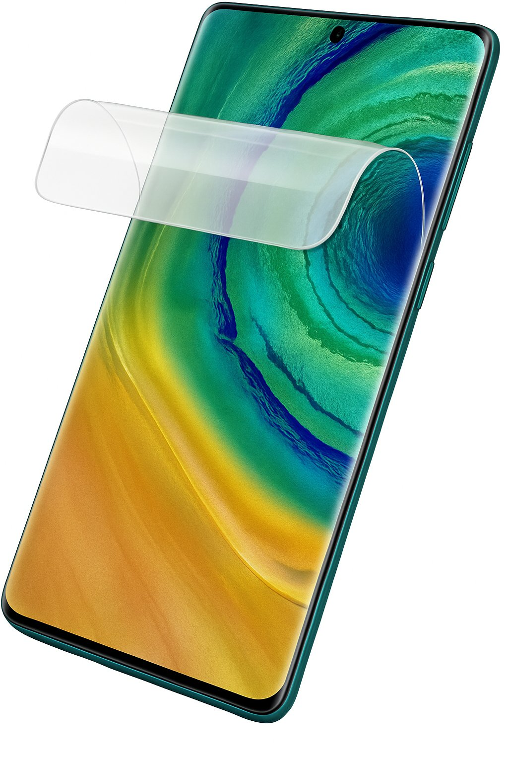 Un protector de pantalla se coloca sobre un smartphone con un fondo de pantalla degradado.