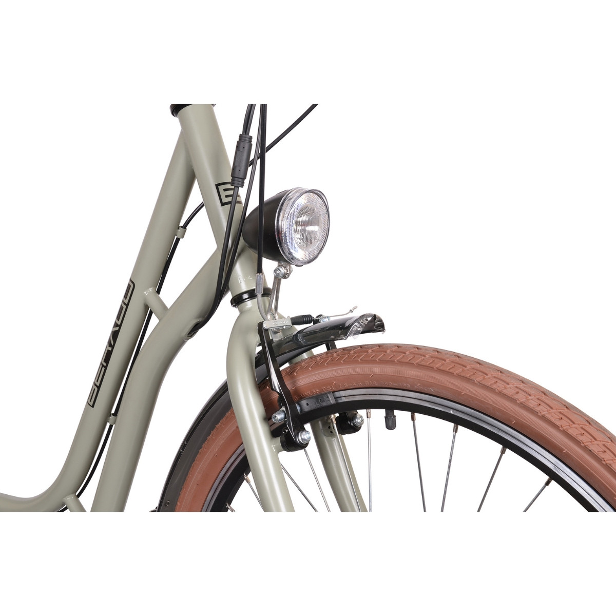 Szary rower z brązową oponą, światłem i błotnikiem.