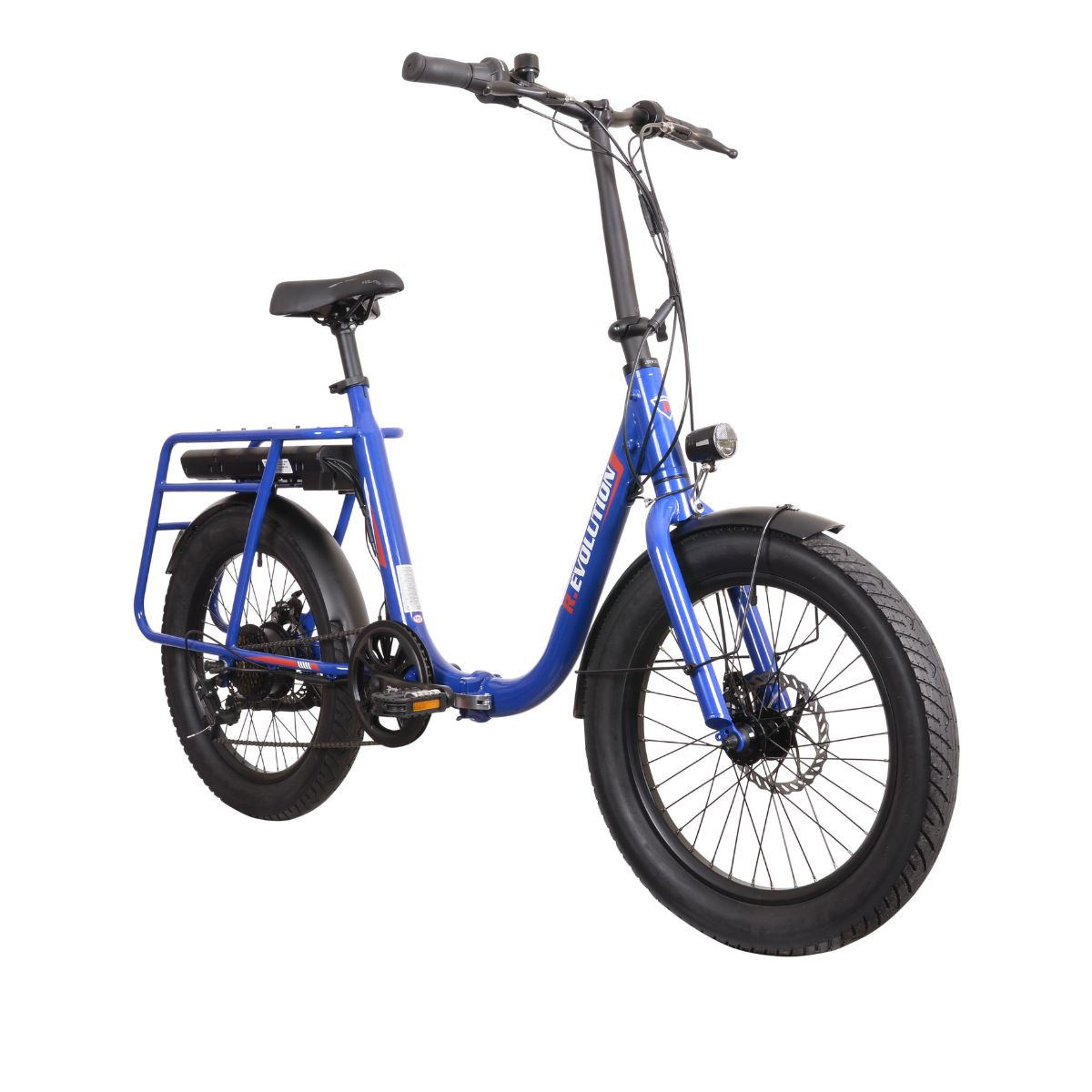 Niebieski składany rower elektryczny z grubymi oponami na białym tle.