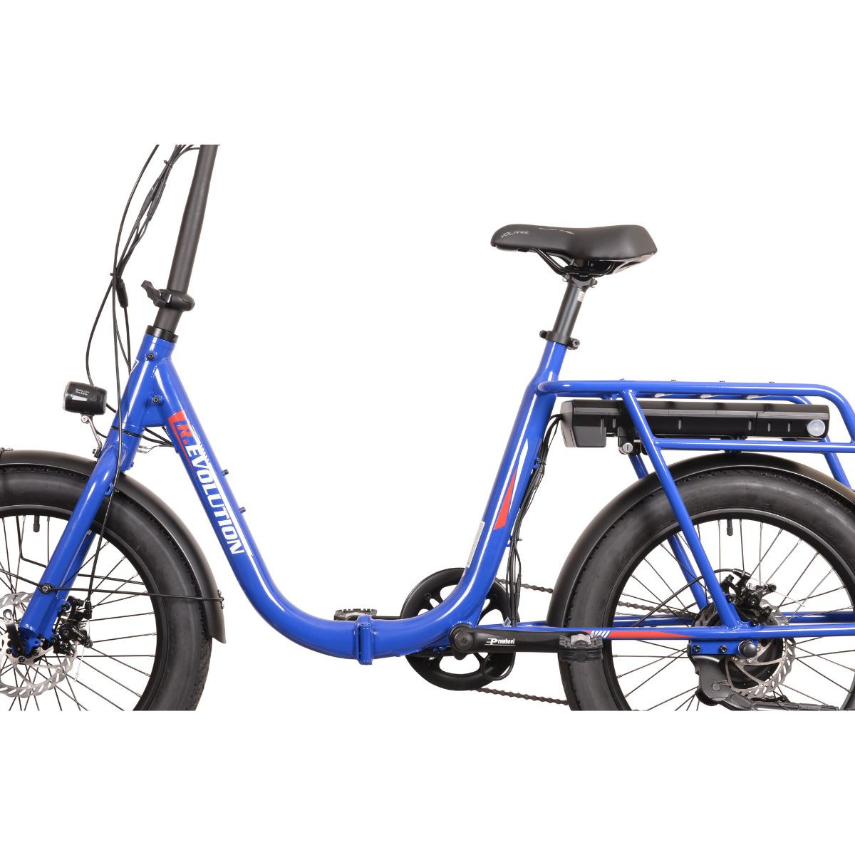 Niebieski rower elektryczny z bagażnikiem i akumulatorem, pokazany szczegółowo.