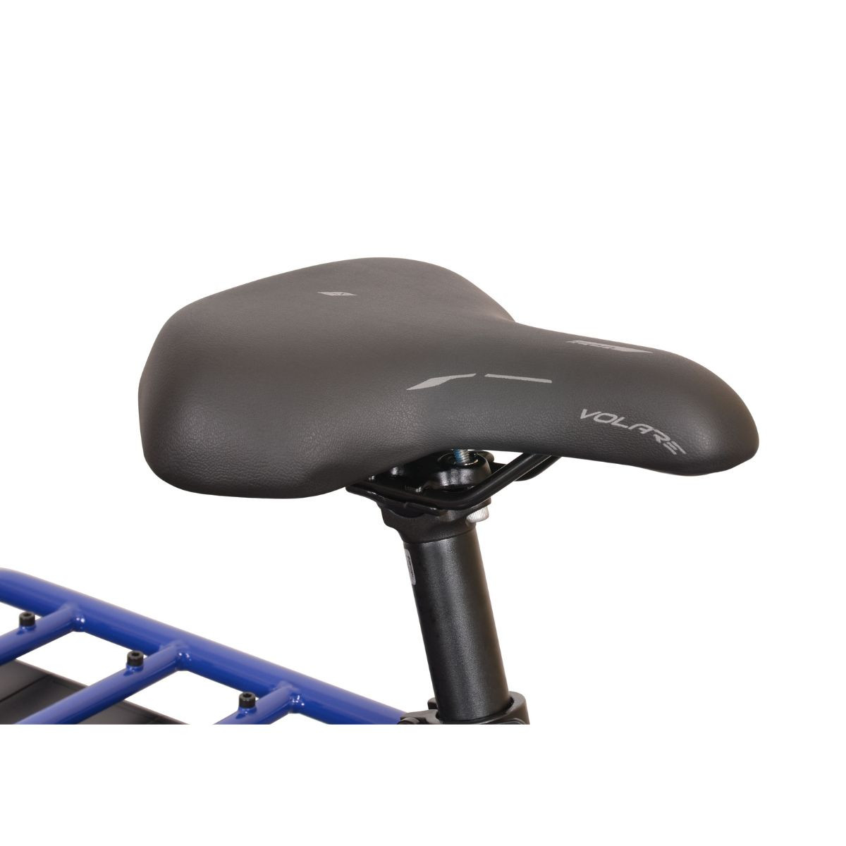 Czarny fotel rowerowy z srebrnym napisem na niebieskim bagażniku.