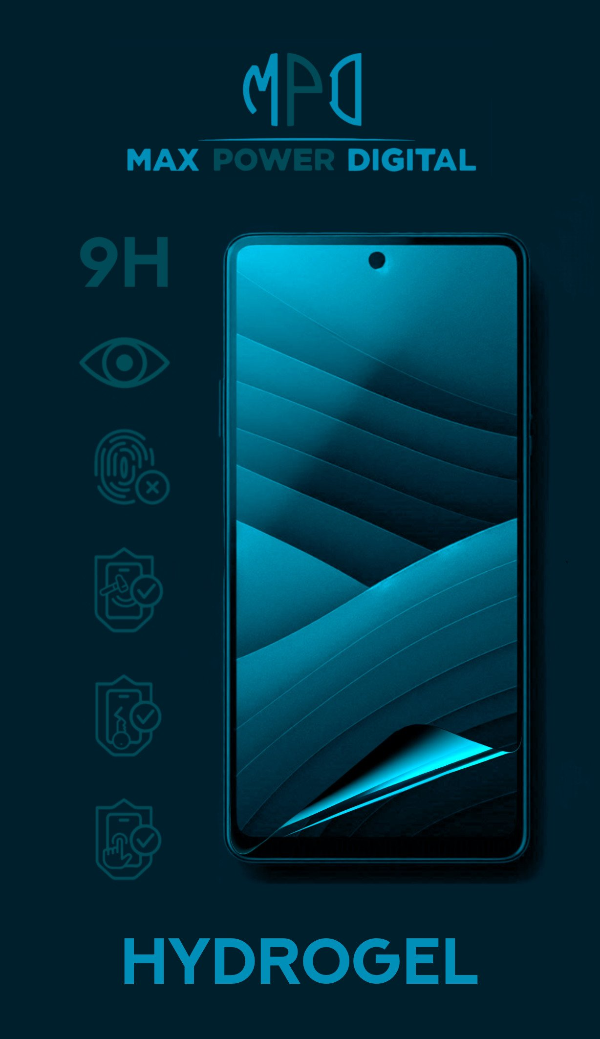 Pantalla de smartphone con patrones de olas azules e iconos de protección.