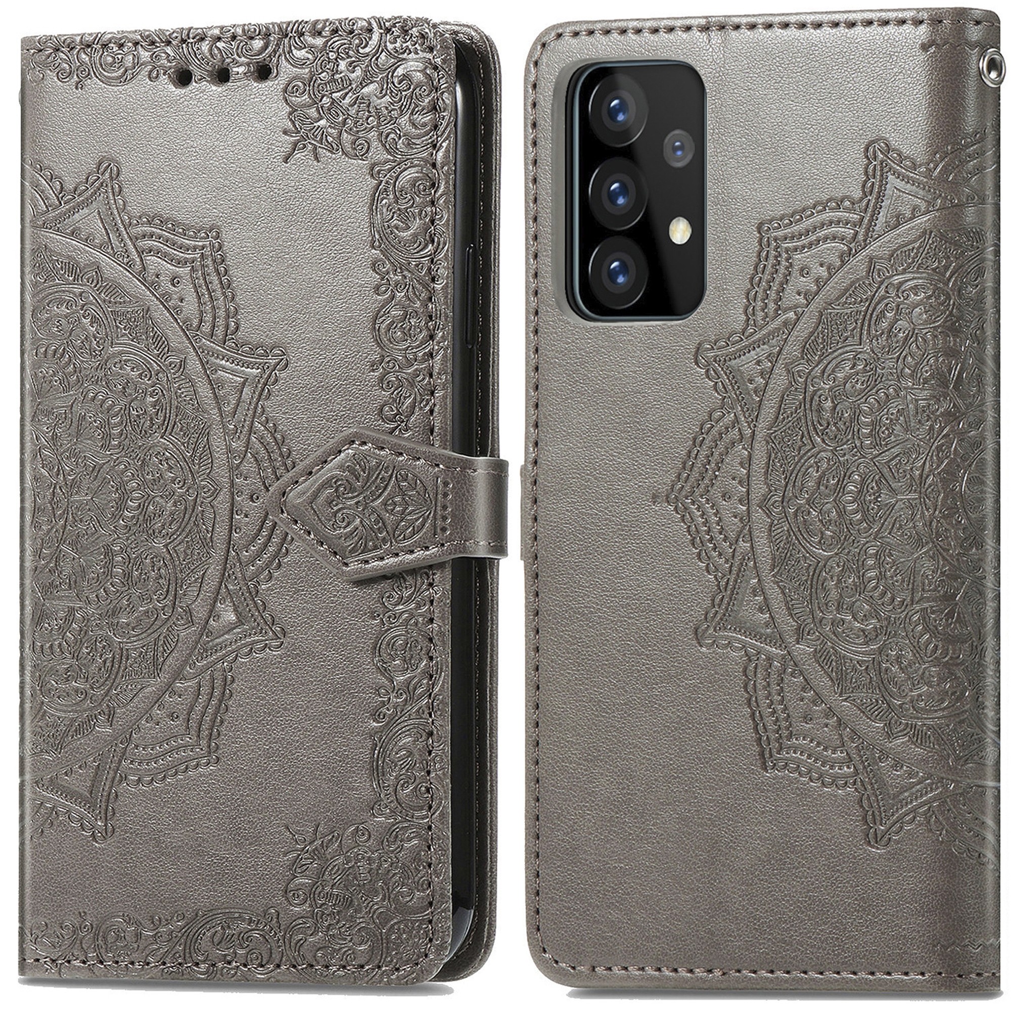 Grijze telefoonhoes met reliëf mandala en camerasysteem.